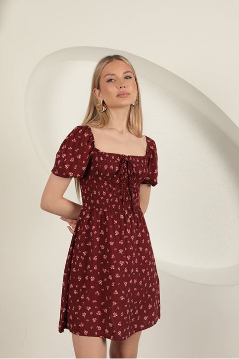 Flower Pattern Dress-Burgundy