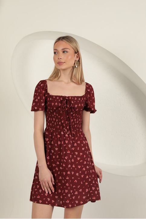 Flower Pattern Dress-Burgundy