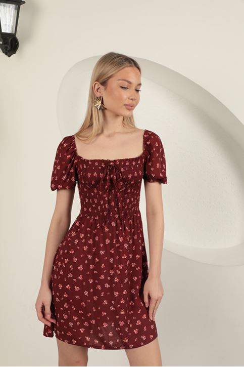 Flower Pattern Dress-Burgundy
