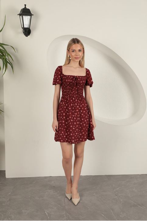 Flower Pattern Dress-Burgundy