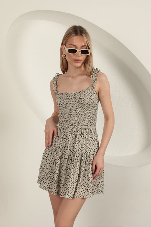 Viscose Crisp Floral Pattern Dress-Beige