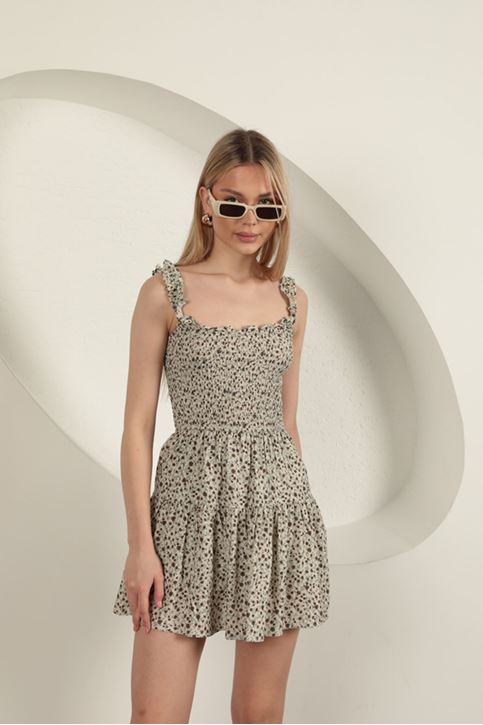 Viscose Crisp Floral Pattern Dress-Beige