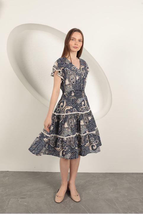 Viscose Ethnic Patterned Dress-Navy Blue