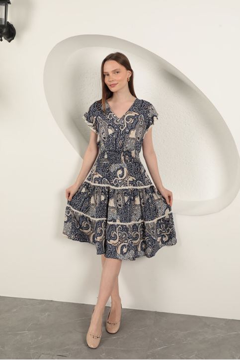 Viskon Etnik Desenli Elbise-Lacivert