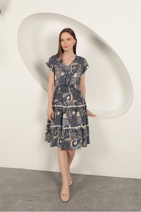 Viscose Ethnic Patterned Dress-Navy Blue