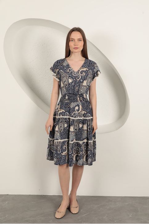 Viscose Ethnic Patterned Dress-Navy Blue