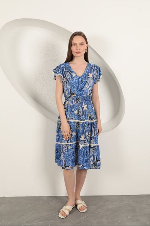 فستان منقوش عرقي من الفيسكوز - ساكسفون