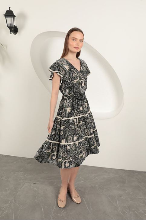 Viscose Ethnic Patterned Dress-Black