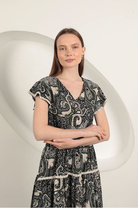 Viscose Ethnic Patterned Dress-Black