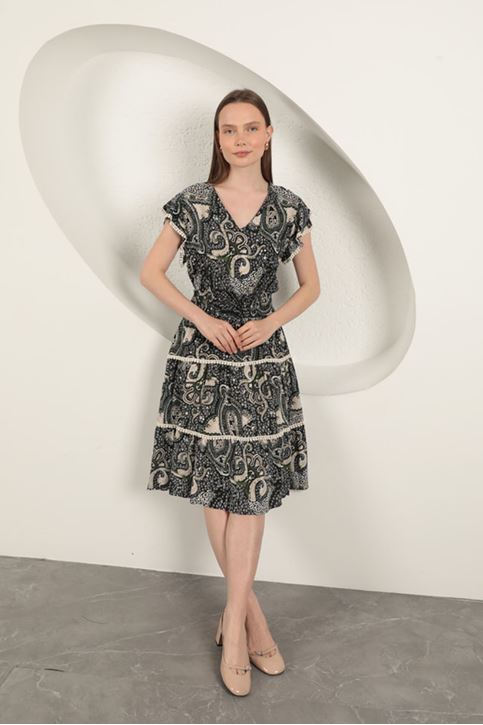 Viscose Ethnic Patterned Dress-Black