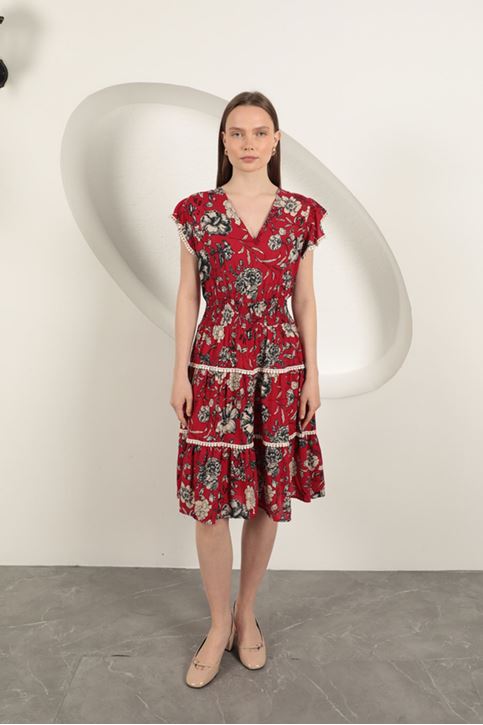 Viscose Floral Patterned Dress-Red