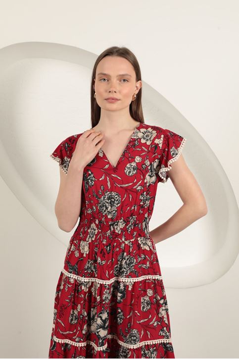 Viscose Floral Patterned Dress-Red