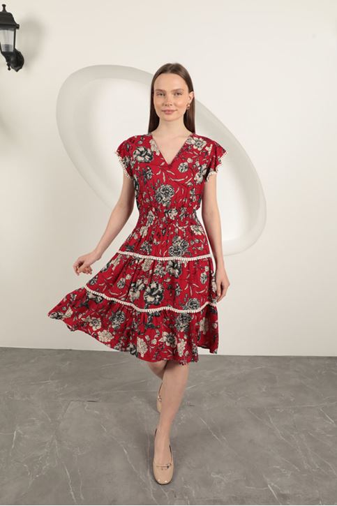 Viscose Floral Patterned Dress-Red