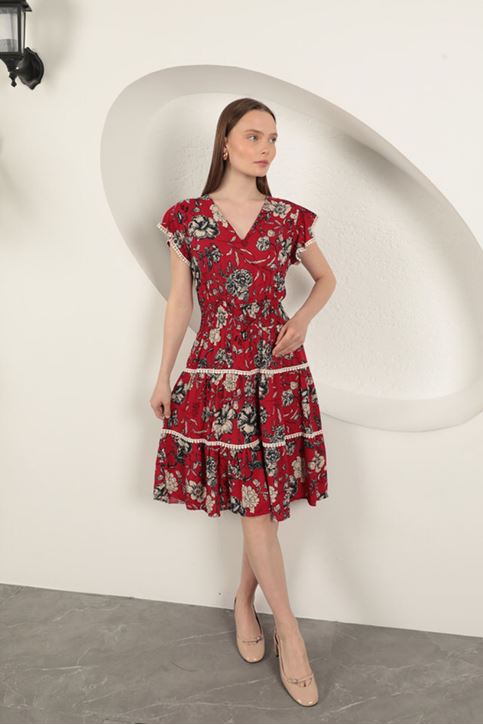 Viscose Floral Patterned Dress-Red