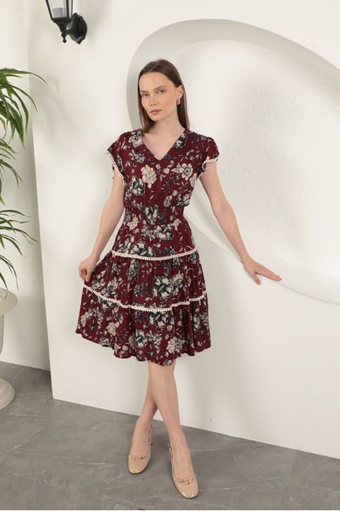 Viscose Floral Patterned Dress-Burgundy
