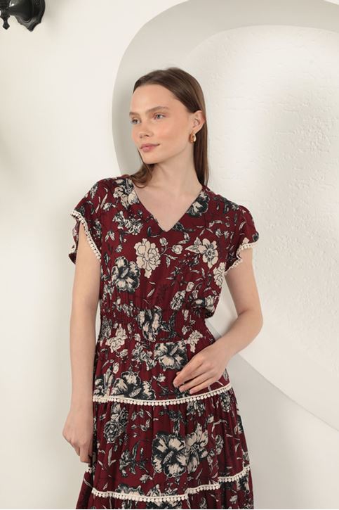 Viscose Floral Patterned Dress-Burgundy