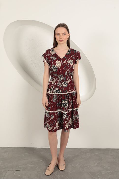 Viscose Floral Patterned Dress-Burgundy