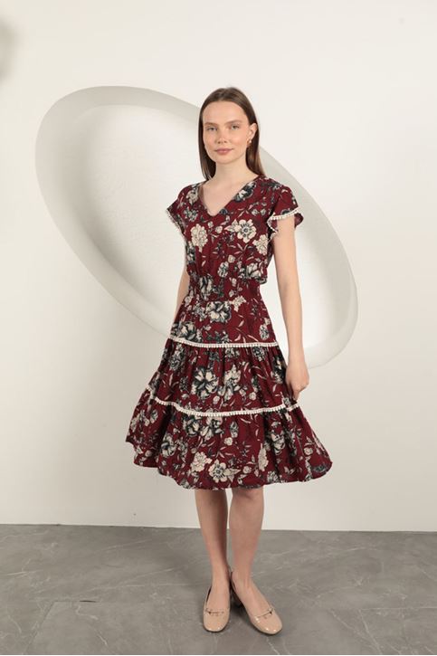 Viscose Floral Patterned Dress-Burgundy