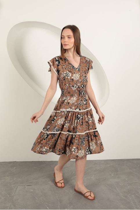 Viscose Floral Patterned Dress-Coffee