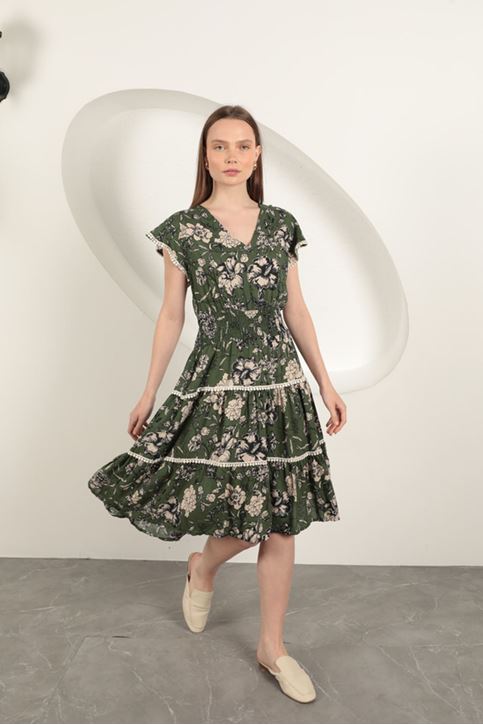 Viscose Floral Patterned Dress-Green