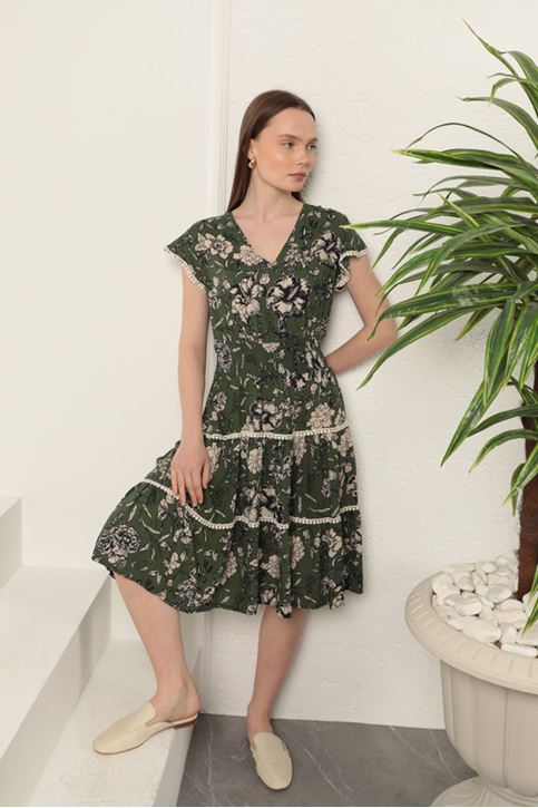 Viscose Floral Patterned Dress-Green