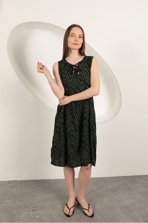 Viskon Kumaş Çizgili Elbise-Haki