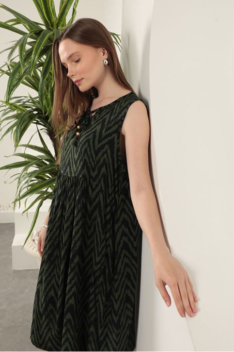 Viskon Kumaş Çizgili Elbise-Haki