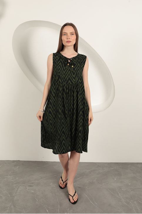 Viskon Kumaş Çizgili Elbise-Haki