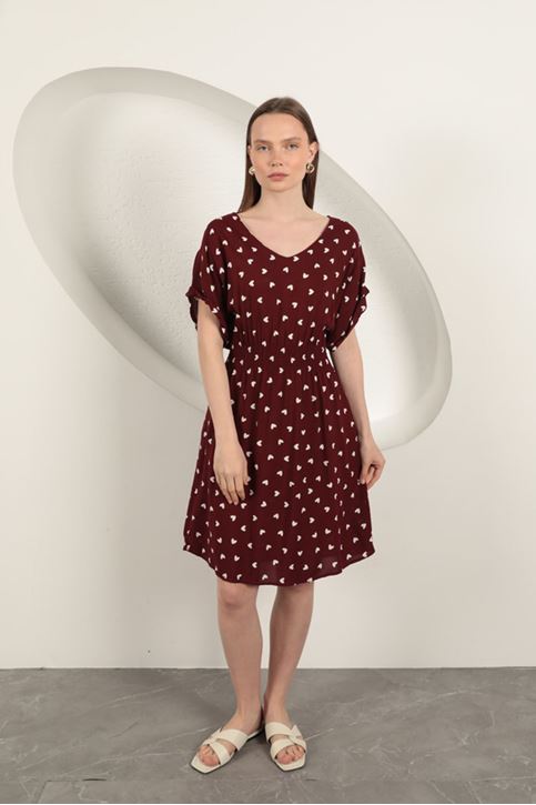 Viscose Fabric Heart Patterned Dress-Burgundy