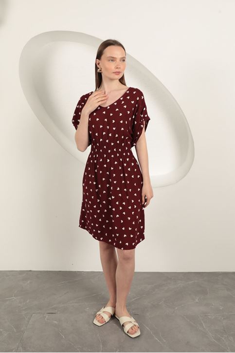 Viscose Fabric Heart Patterned Dress-Burgundy