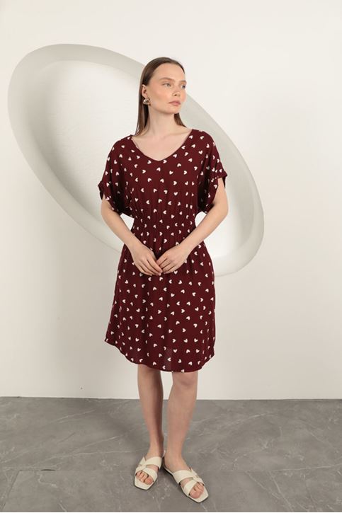 Viscose Fabric Heart Patterned Dress-Burgundy