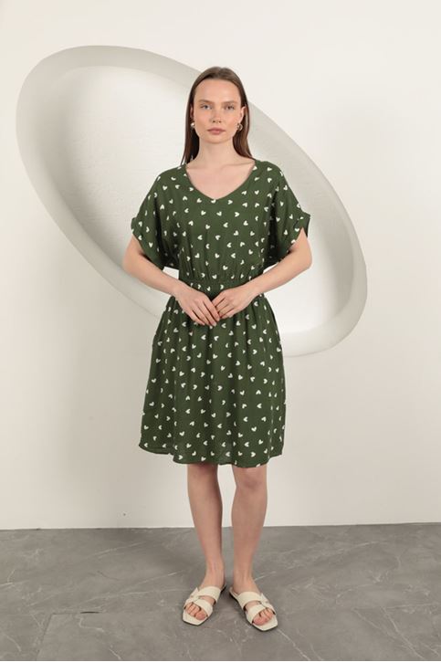 Viscose Fabric Heart Patterned Dress-Khaki