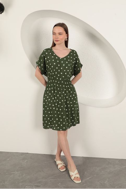 Viscose Fabric Heart Patterned Dress-Khaki