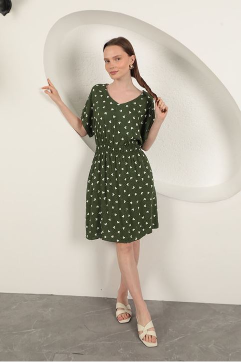 Viscose Fabric Heart Patterned Dress-Khaki