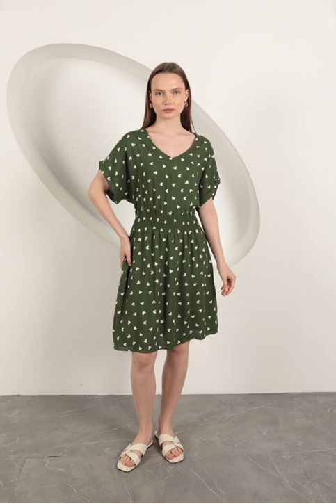 Viscose Fabric Heart Patterned Dress-Khaki