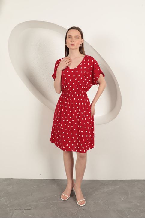 Viscose Fabric Heart Patterned Dress-Red