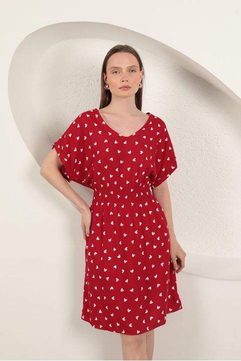 Viscose Fabric Heart Patterned Dress-Red