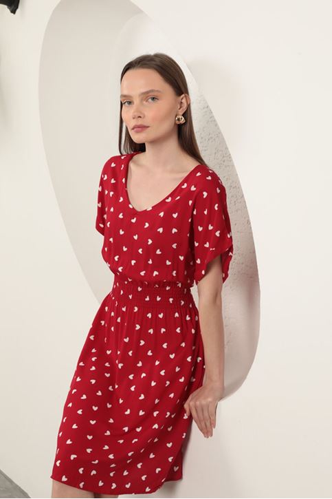 Viscose Fabric Heart Patterned Dress-Red