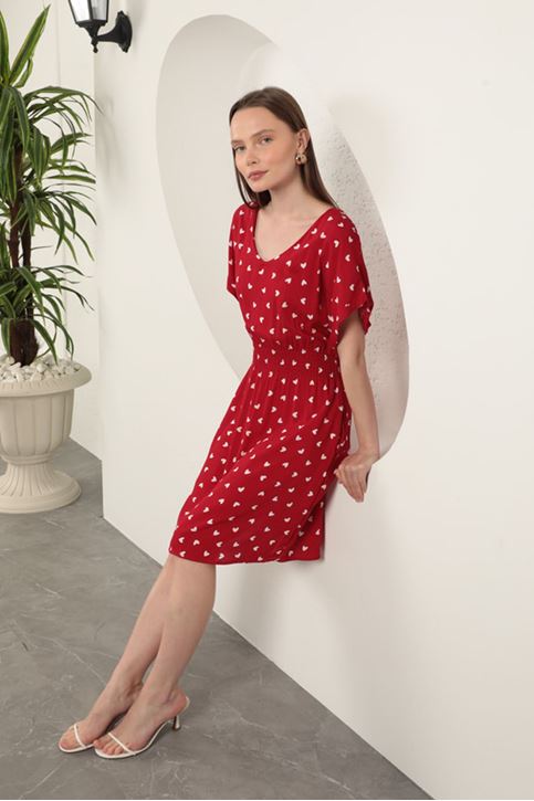 Viscose Fabric Heart Patterned Dress-Red