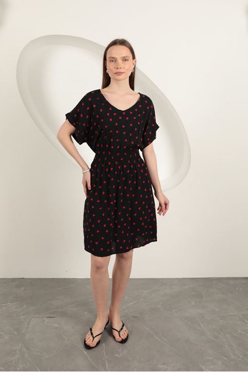 Viscose Fabric Heart Patterned Dress-Black