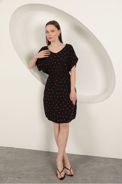Viscose Fabric Heart Patterned Dress-Black