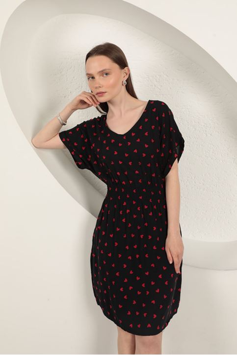 Viscose Fabric Heart Patterned Dress-Black