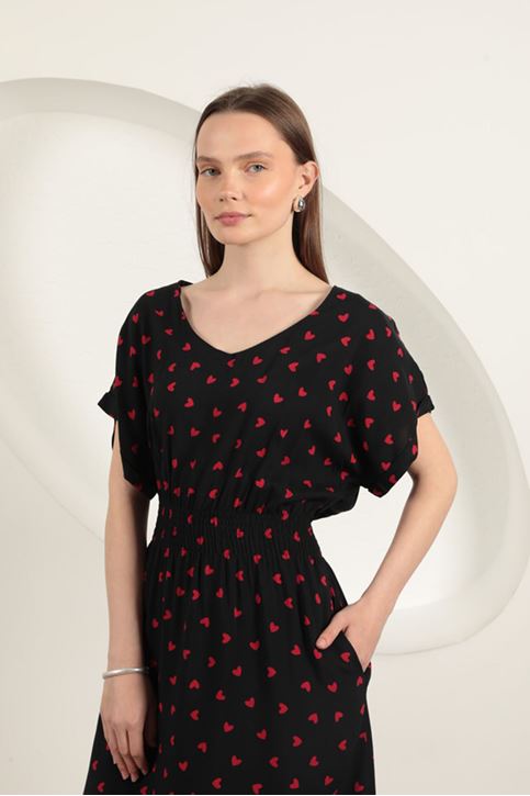 Viscose Fabric Heart Patterned Dress-Black
