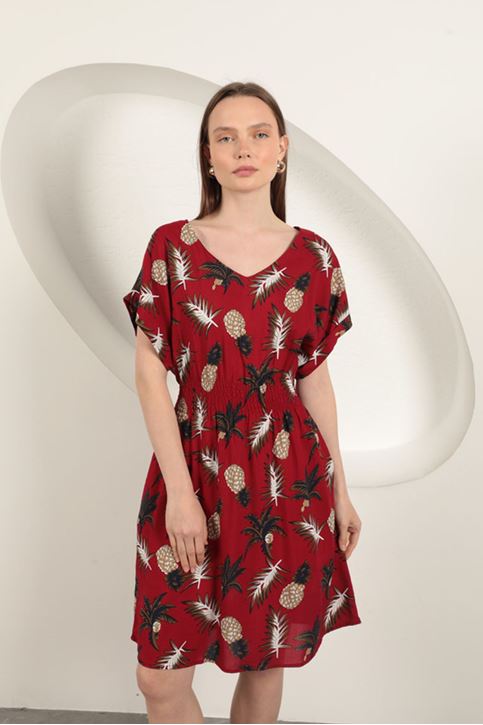 Viscose Pineapple Patterned Dress-Red