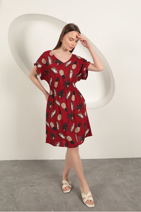 Viscose Pineapple Patterned Dress-Red