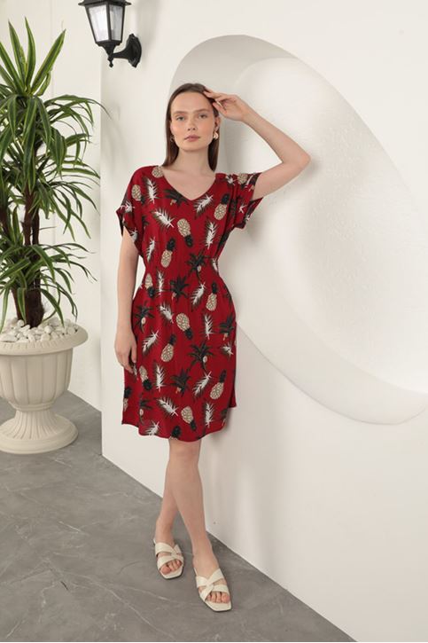 Viscose Pineapple Patterned Dress-Red