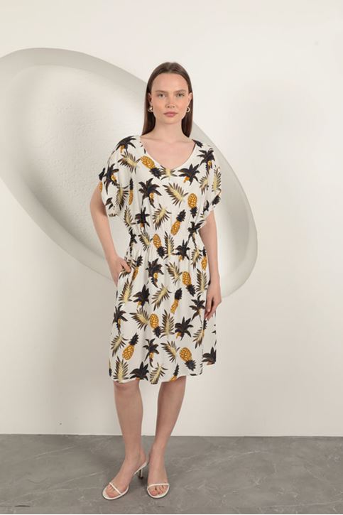 فستان من الفيسكوز بنقشة الأناناس - بيج فاتح