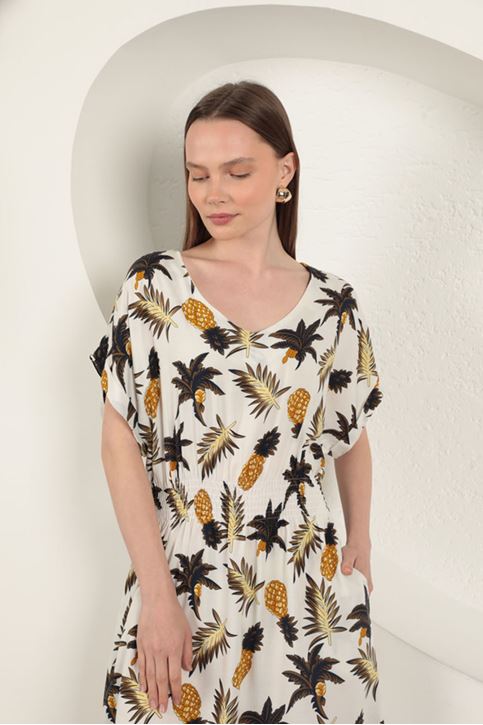 فستان من الفيسكوز بنقشة الأناناس - بيج فاتح