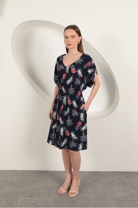 Viscose Pineapple Patterned Dress-Navy Blue