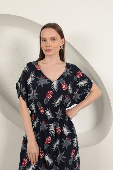 Viscose Pineapple Patterned Dress-Navy Blue